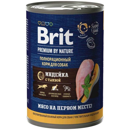 Консервы Brit Premium by Nature для взрослых собак всех пород с чувствительным пищеварением с индейкой, тыквой 410 грамм фото