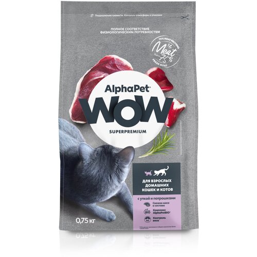 AlphaPet WOW Superpremium Сухой полнорационный корм c уткой и потрошками для взрослых домашних кошек и котов фото