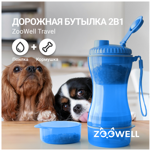 Поилка-кормушка 2 в 1 для животных ZooWell Travel, поилка переносная для собак, голубая, 86x97x203 мм фото