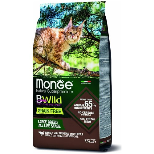 Сухой корм для кошек Monge BWILD Feed the Instinct для крупных пород, беззерновой, с буйволом, с картофелем, с чечевицей 1500 г фото