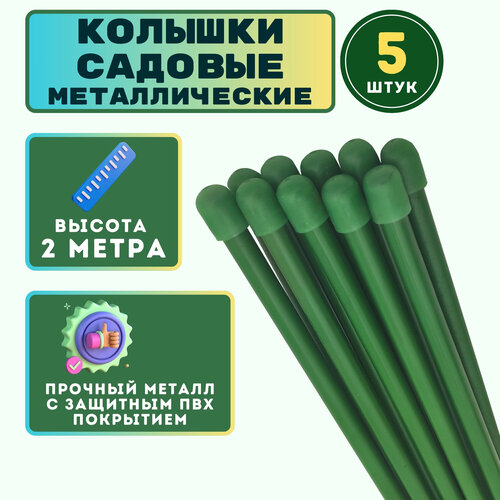 Опора для растений - колышки садовые высотой 2 метра, диаметр 10 мм, металл в ПВХ оболочке, набор 5 штук, поддержка стеблей растений и цветов фото