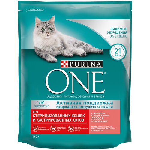 Сухой корм Purina ONE для стерилизованных кошек и кастрированных котов, с высоким содержанием лосося и пшеницей 750 г х 1 шт фото