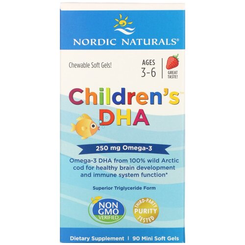 Nordic Naturals, ДГК (докозагексаеновая кислота), Омега-3, для детей, клубника, для детей 3–6 лет, 250 мг, 90 желатиновых мини-капсул фото