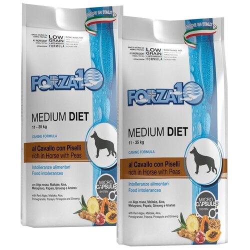 FORZA10 DOG MEDIUM MONODIET LOW GRAIN монобелковый низкозерновой для взрослых собак средних пород при аллергии с кониной и горохом (12 + 12 кг) фото