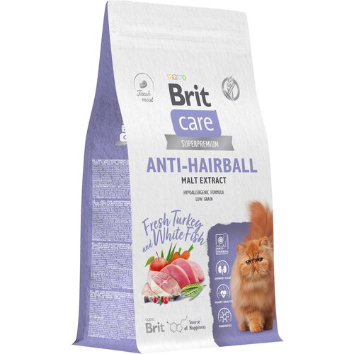 Сухой корм для кошек Brit Care Cat Anti-Hairball, вывод шерсти из желудка, с белой рыбой и индейкой 1,5 кг фото