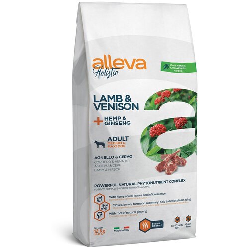 ALLEVA HOLISTIC ADULT DOG MEDIUM/MAXI LAMB & VENISON беззерновой для взрослых собак средних и крупных пород с ягненком, олениной, коноплей и женьшенем (12 кг) фото