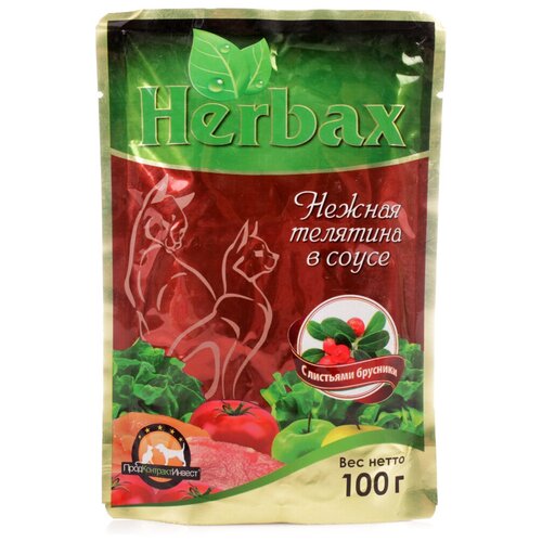 Влажный корм для кошек Herbax с мясным ассорти, с листьями брусники 2 шт. х 100 г (кусочки в соусе) фото