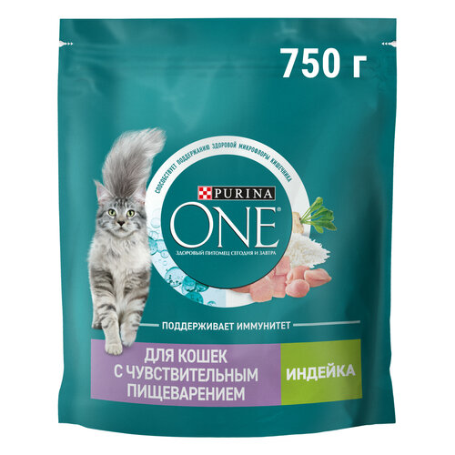 Сухой корм для кошек Purina ONE при чувствительном пищеварении с индейкой и рисом 750 г фото